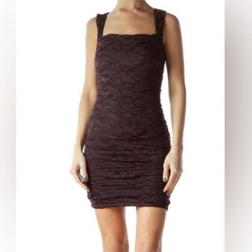 Free People Women's Burgundy and Black Bodicon Mini Floral Lace Dress Sz Medium